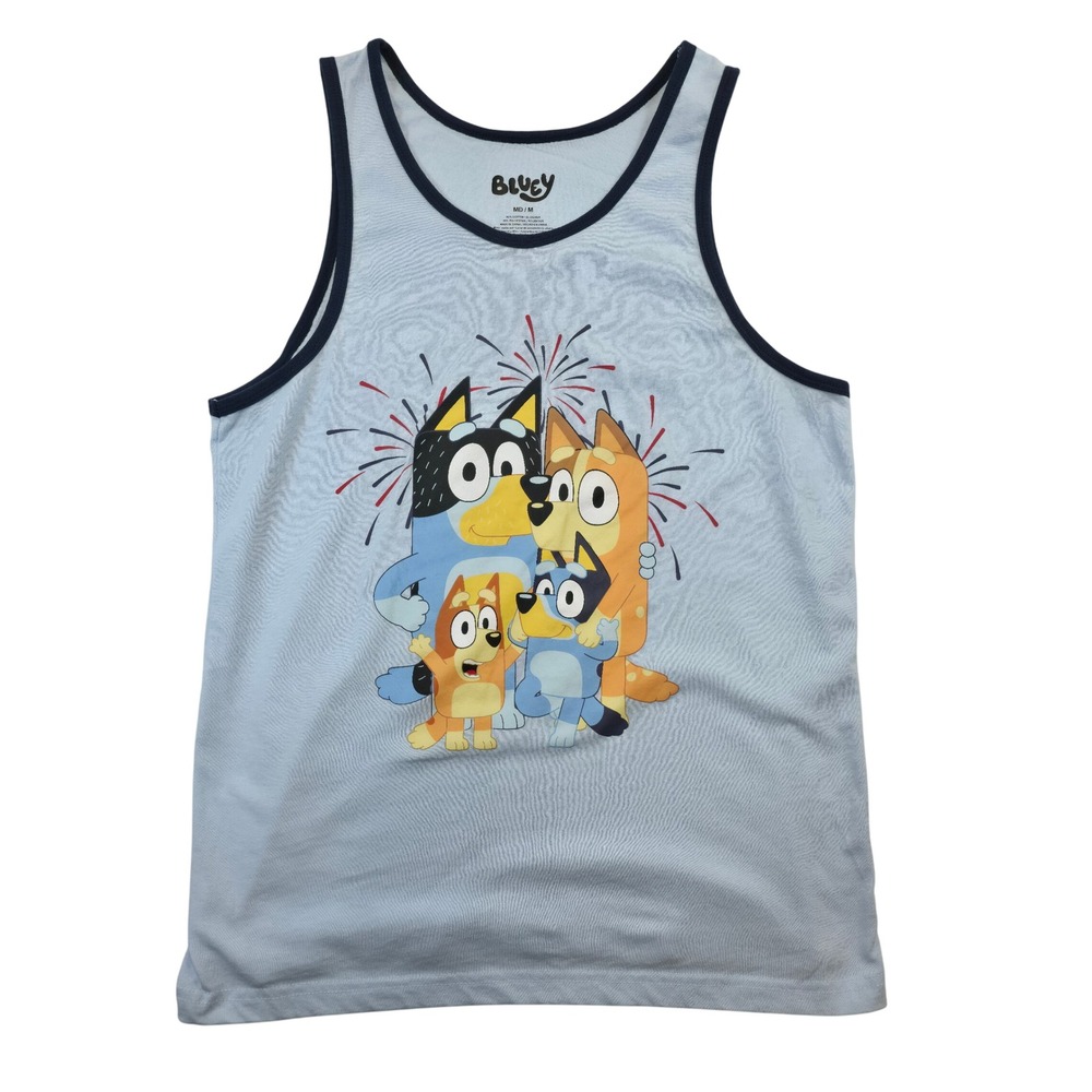 Bluey Adult Tank Top Size Medium Blue Family Fireworks Graphic Blue Trim Shirt